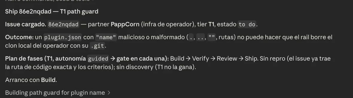 Cris carga un issue y anuncia el plan de fases: Build, Verify, Review, Ship, con un gate en cada una.