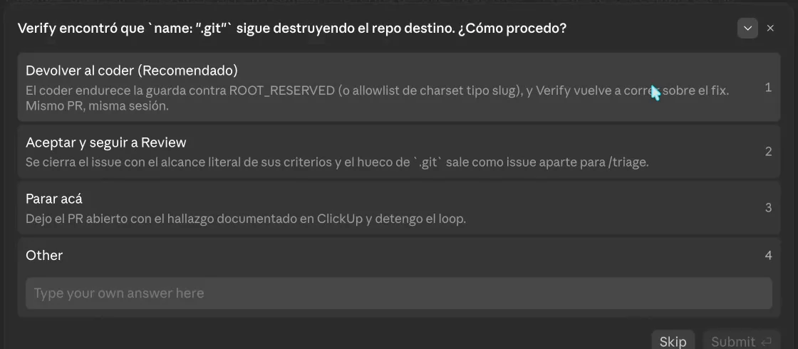 Cris pausa y ofrece cuatro opciones para decidir cómo continuar tras un hallazgo de QA.