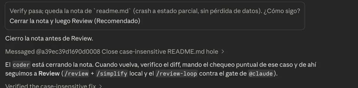Cris verifica el arreglo y deja anotado lo pendiente antes de pasar a la fase de revisión.