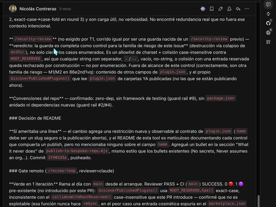 El tablero del proyecto con el registro escrito de la sesión: el veredicto de seguridad, las convenciones verificadas, la decisión sobre el README y el resultado del gate remoto.